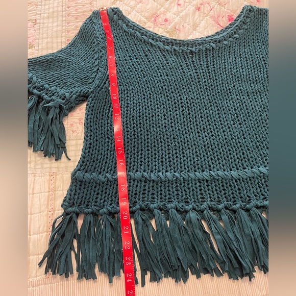 Free People On the Fringe Cropped Cotton Sweater in Teal size L NWOT - Picture 4 of 7